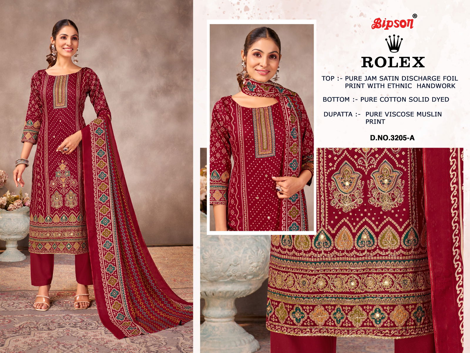 Rolex 3205 By Bipson Jam Satin Printed Dress Material Wholesale In India